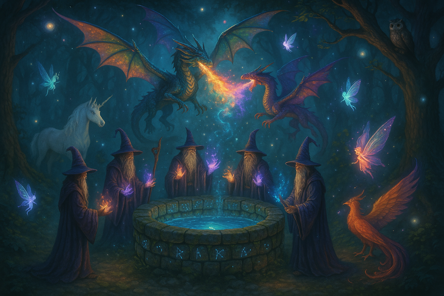 A well that is enchanted shows wizards and dragons other mystical creatures